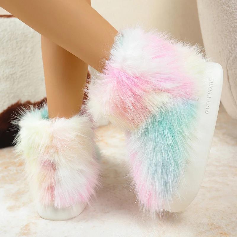 Fashion Gradient Color Faux Fur Snow Boots for Women Thick Sole Long Plush Warm Winter Boots Woman Fashion Fluffy Platform Ankle Booties