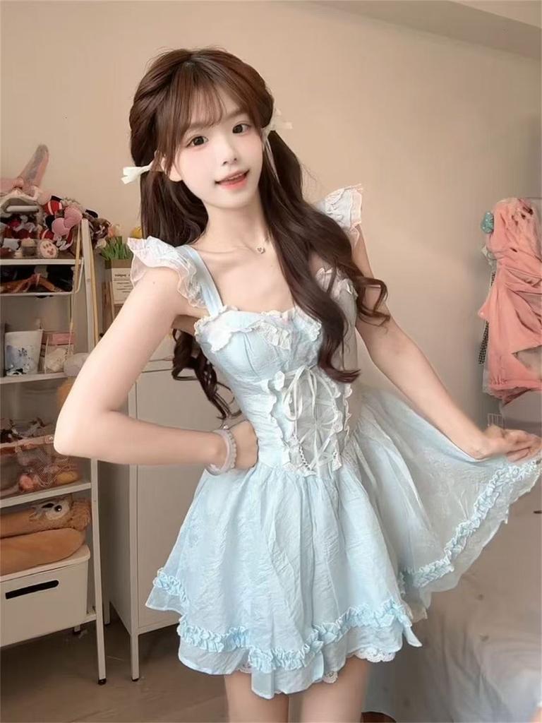 French cute girlish super fairy blue lace square neck suspender dress women's new puffy skirt