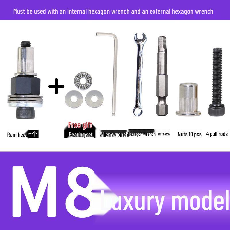 Multi-Purpose Electric Rivet Tool with Manual Wrench and Nut Head Attachment