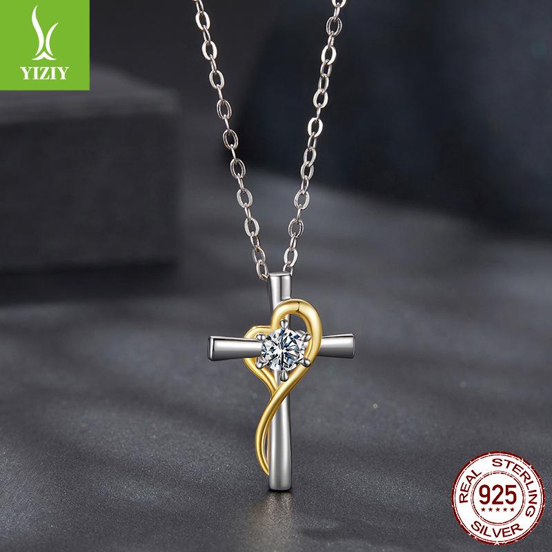 Mozambican Diamond Love Cross Necklace Clavicle Chain, Simple Classic S925 Sterling Silver Necklace