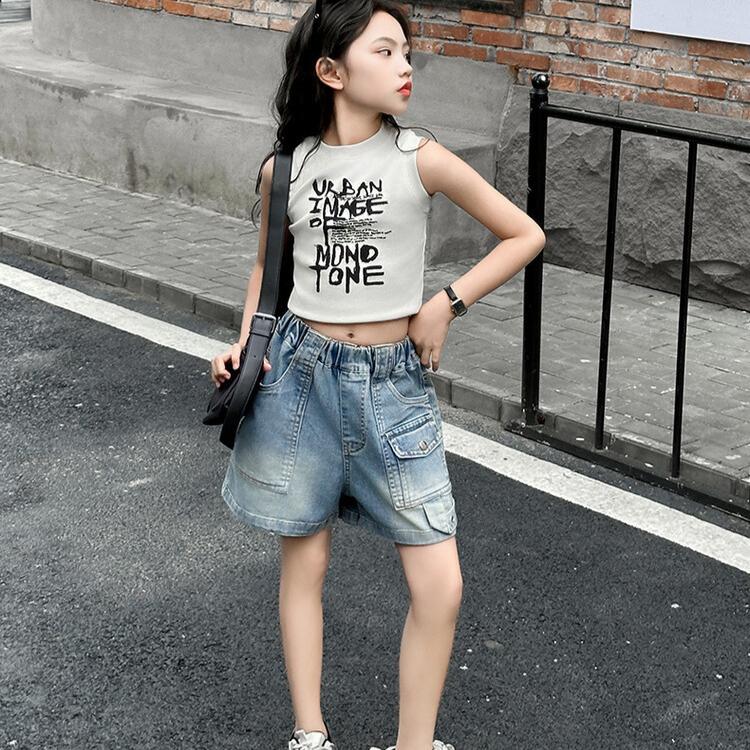 Summer Girls' Denim Shorts Cropped Pants Work Pants Versatile Jean Wide Leg Trendy Versatile Loose Pants for Children