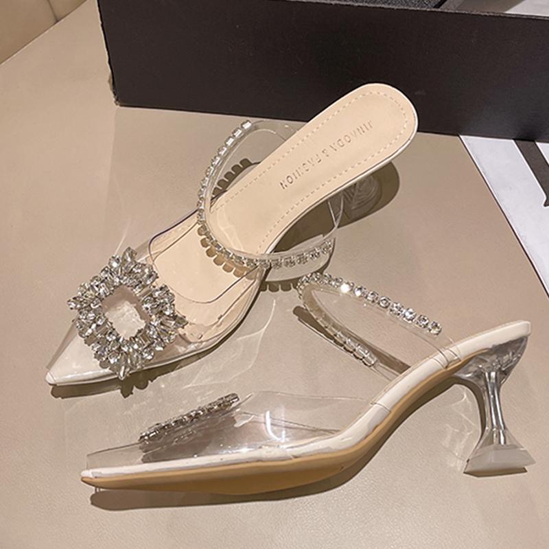 Fashion Crystal Women High Heels Mules Shoes Pointed Toe Slippers Summer Elegant Sandals Woman Pumps 2025 Brand Designer Mujer Zapatos