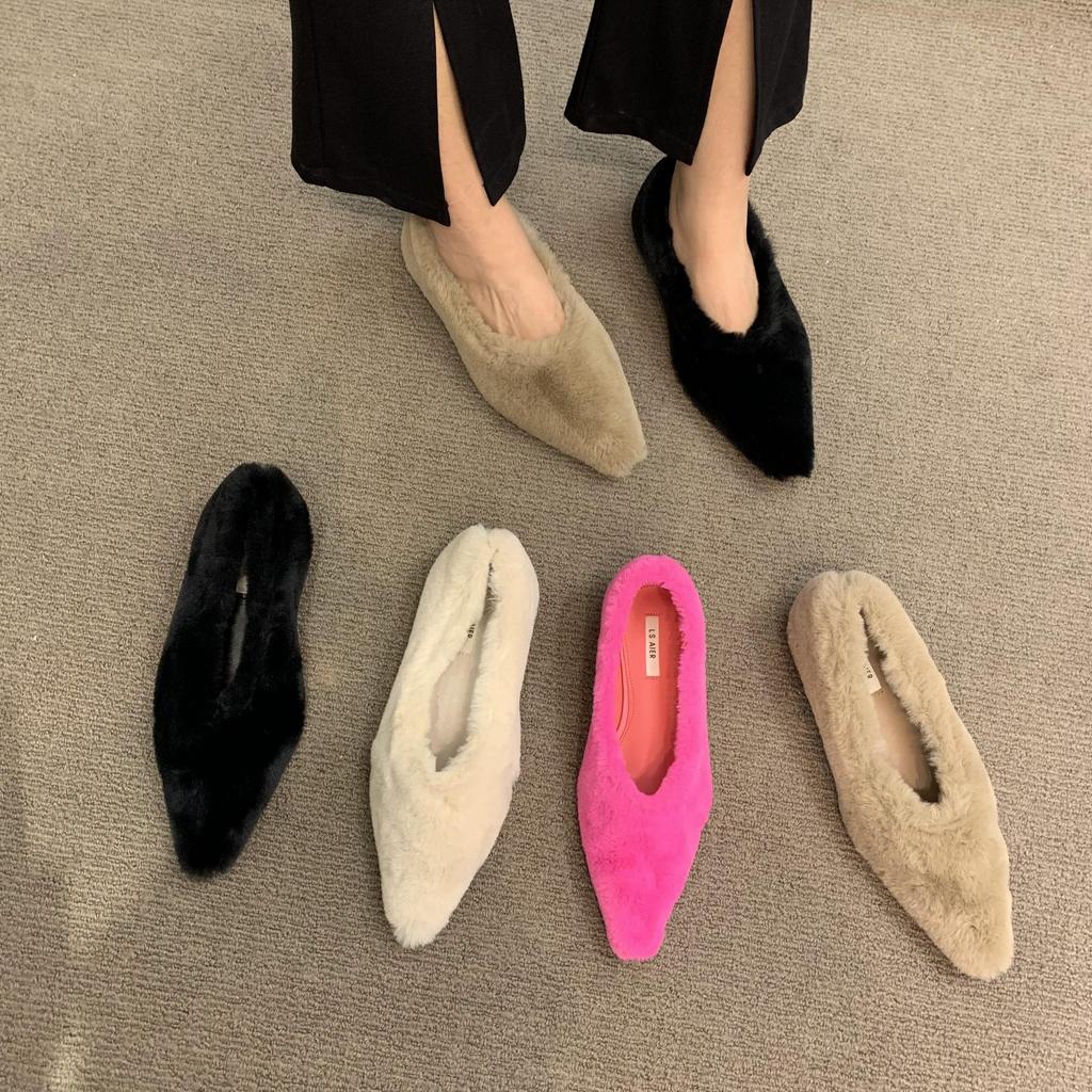 2025 Woman Winter Warm Plush Shallow Loafer Ladies Concise Furry Heeled Dress Shoes Fashion Pointed Toe Fur Ballet Flat