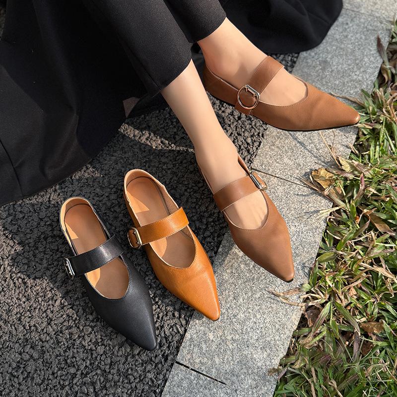 Johnature Retro Mary Jane Pointed Toe Women's Shoes Versatile Genuine Leather Soft Soled Flat Shoes