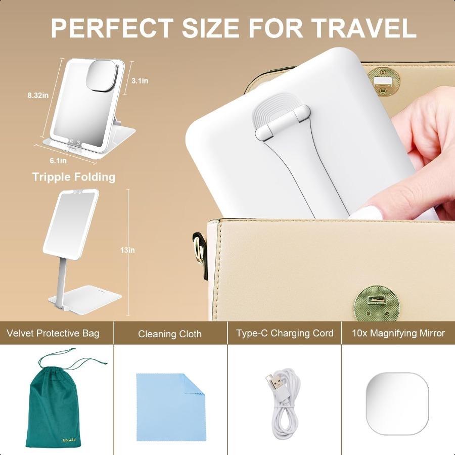 Travel Makeup Mirror with Light Tripple Folding Vanity Mirror with Lights 3 Colors Lighted Makeup Mirror 1500mAh Rechargeable M