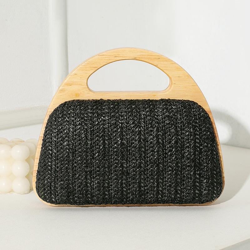 Neue Halbmond-Holzgriff-Abendtasche Sommer-Strohhäkel-Handtasche mit Kette Schulter-Umhängetasche Reise-Strand-Einkaufstasche Geldbörsen