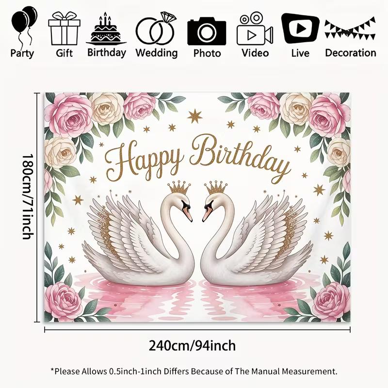 

2D Elegant Swan Birthday Backdrop with Pink Roses Party Photo Booth 47.2x31.5inch/120*80cm