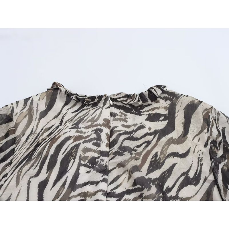 Kaslead New Arrival Women's Clothing Fashion Style Fashion Loose Animal Pattern V-neck Ruffled Long Sleeves Dress