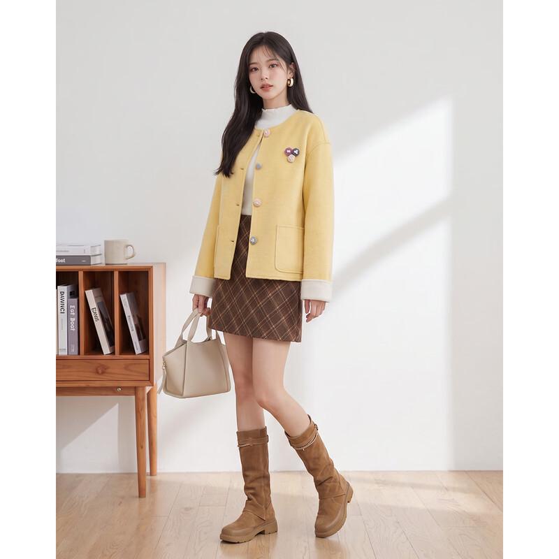 IEF Women's Short Wool-Blend Round-Neck Jacket with Decorative Buttons