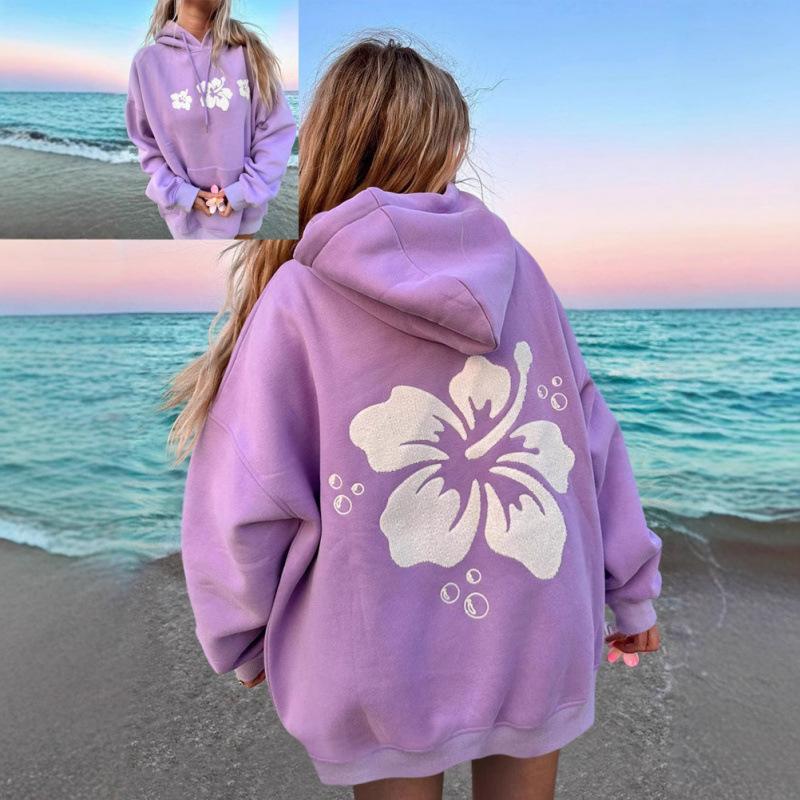 Ladies Spring Autumn Casual Hooded Drawstring Long Sleeve Big Pocket Flower Printed Pullover Hoodies Sweatshirt Top
