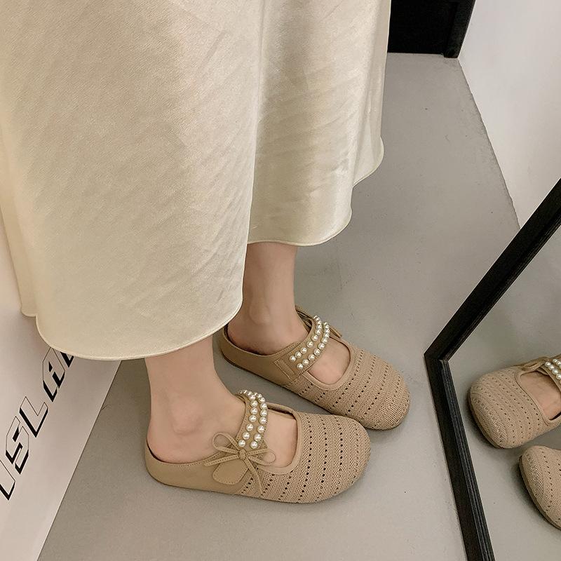 Pearl bow inner height increase half drag women s summer new knitted hollow slippers outer wear bag head sandals 40 хаки 2600₽