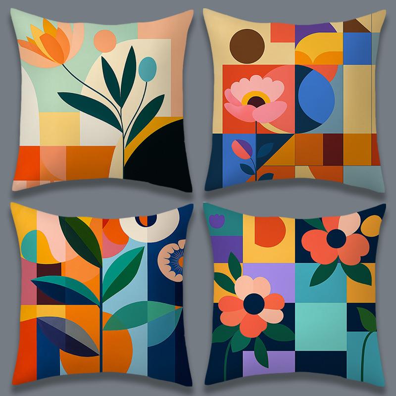 Modern Geometric Floral Throw Pillow Covers Colorful Abstract Flower Print Cushion Cases, Mid-Century Home Decor For Living Room