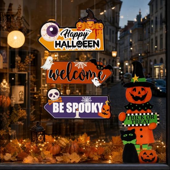 Happy Halloween Door Sign, Spooky Skull Ghost Pumpkin Bat Front Door Hanger, Rustic Wooden Wall Hanging Decor for Home Room Indoor Outdoor Party