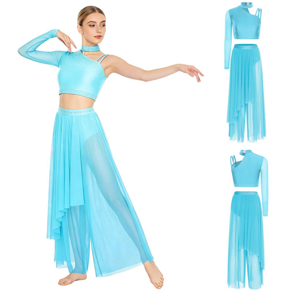S-XXL Damen Lyrisches Tanz Outfit Einzelnes Langarm Asymmetrische Schulter Strass Crop Tops und Weite Hose Unregelmäßiger Überwurf Eingearbeiteter Slip Hose