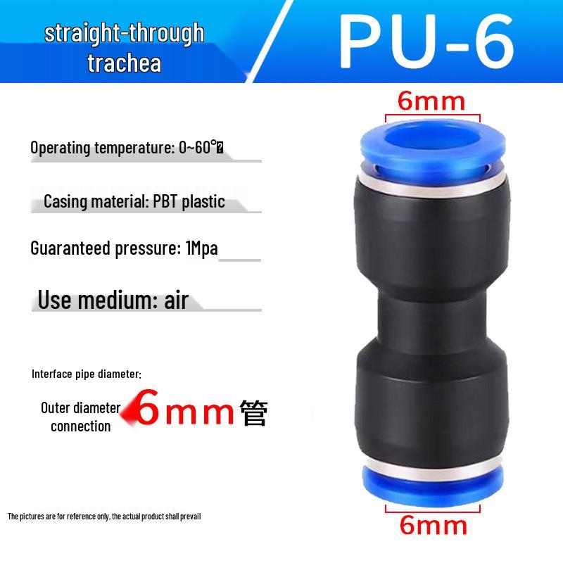 Pneumatic Air Tube Connector: PU8 Straight, PV10 Right-Angle Elbow, Quick-Insert, Butt Joint, Blue Plastic, PG6-4 Reducer.
