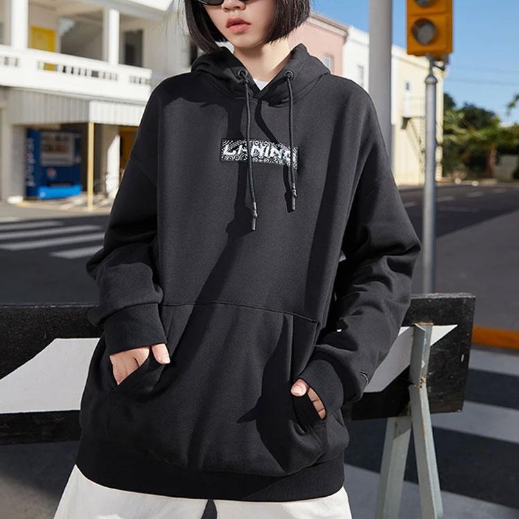 Li Ning Sports Fashion Series Embroidered Logo Loose Fleece Warm Hoodie Unisex Hoodies Black AWDRB74-1