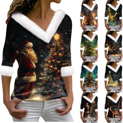 Women's T Shirt Tee Christmas Shirt Long Sleeve Party Christmas Print Fleece Collar V Neck Top
