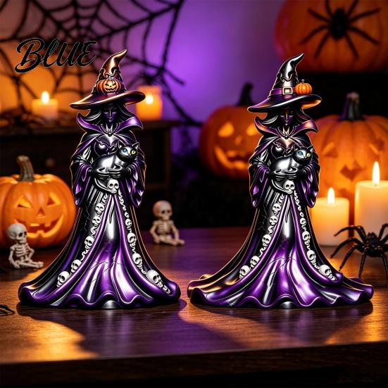 Tabletop Halloween Accent Witch Figurine  Resin Black Cat Statue with Pumpkin  Retro Party Supplies Sculpture  Gothic Ornament for Display And