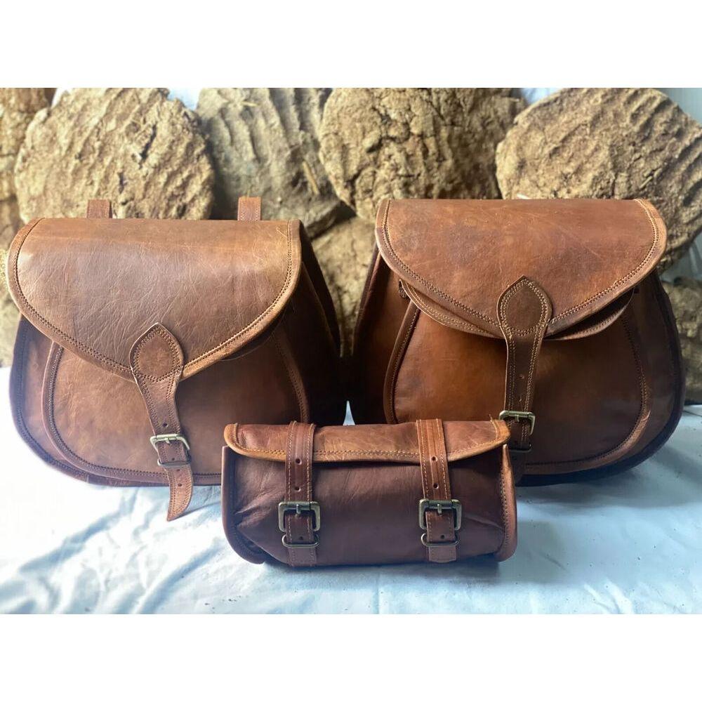 Motorcycle Saddle 3 Side Bags Vintage Leather Swing Arm Luggage Tool Pouch