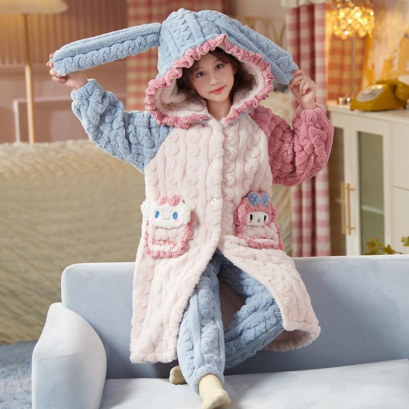 Kids Flannel Pajamas Set Boys Girls Warm Long Sleeve Top And Pants Sleepwear Winter Home Nightwear