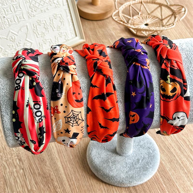 Halloween Skeleton Pumpkin Fabric Crossover Wide Headband Women's Printed Ghost Festival Gut Hair Bands