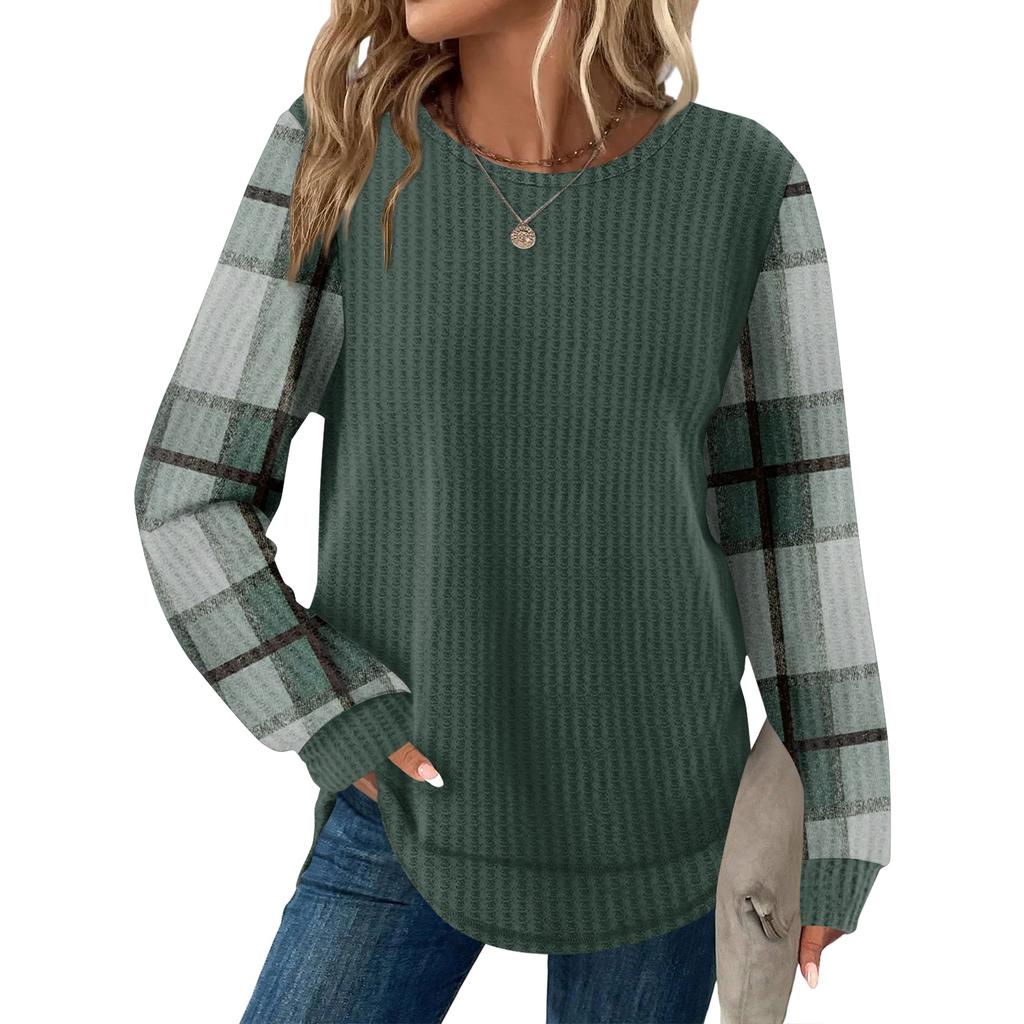 Damrutig tryck rund hals långärmad ledig lös topp