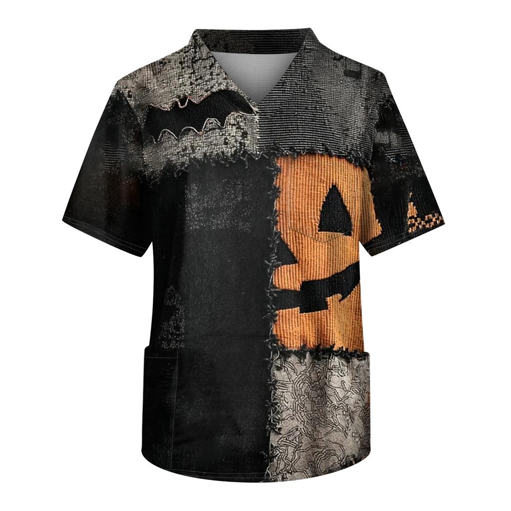 Men's Printing Short Sleeve V-neck Working Blouse Chest Pocket Carer Top