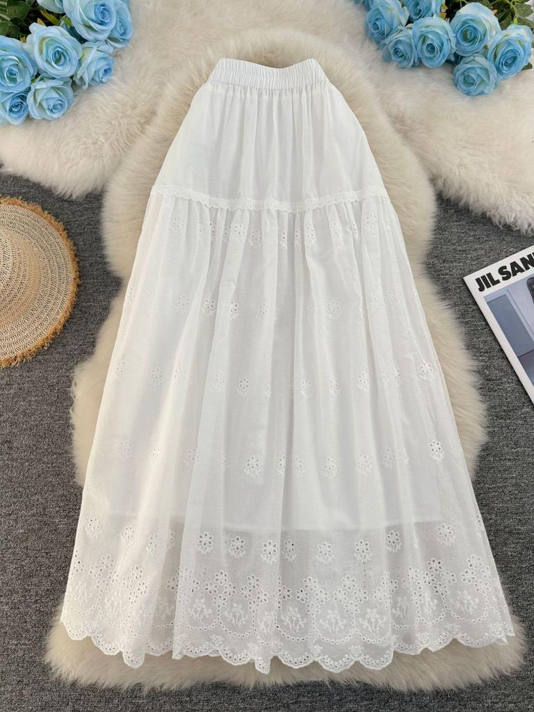 Spring/Summer A-Line Midi Skirt with Cross-Border Japanese & Korean Hollow Embroidery Design