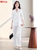 Elegant White Blazer with Belt & Mid-Sleeve, Flared Pants - High-End Spring Suit Set