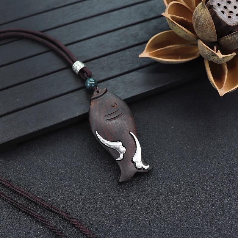 Retro Literary and Artistic Long Ebony Necklace Wooden Pendant Women's Simple Zen Sweater Chain Cotton and Linen Accessories