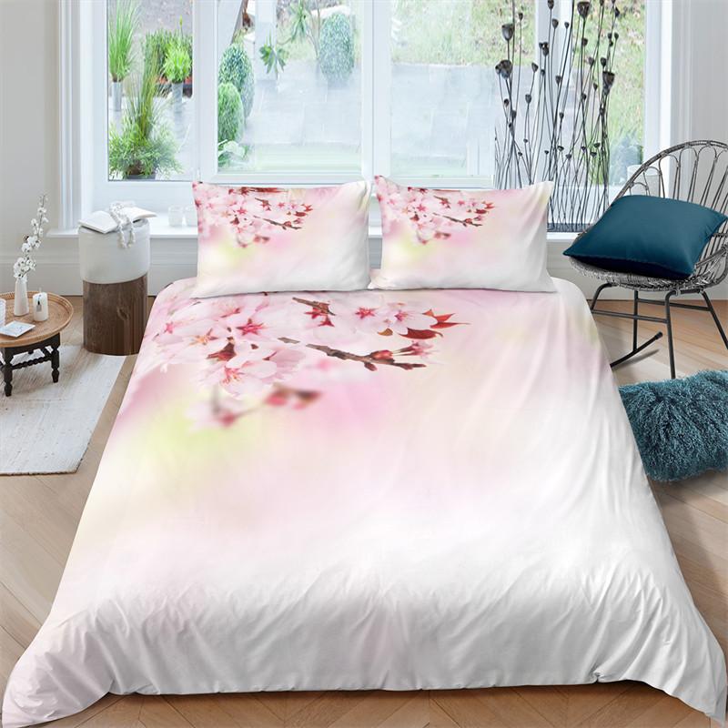 Plum Blossom Duvet Cover Set King Pink Flower Quilt Cover For Girls Microfiber Branches Printed Japanese Ink Style Bedding Set
