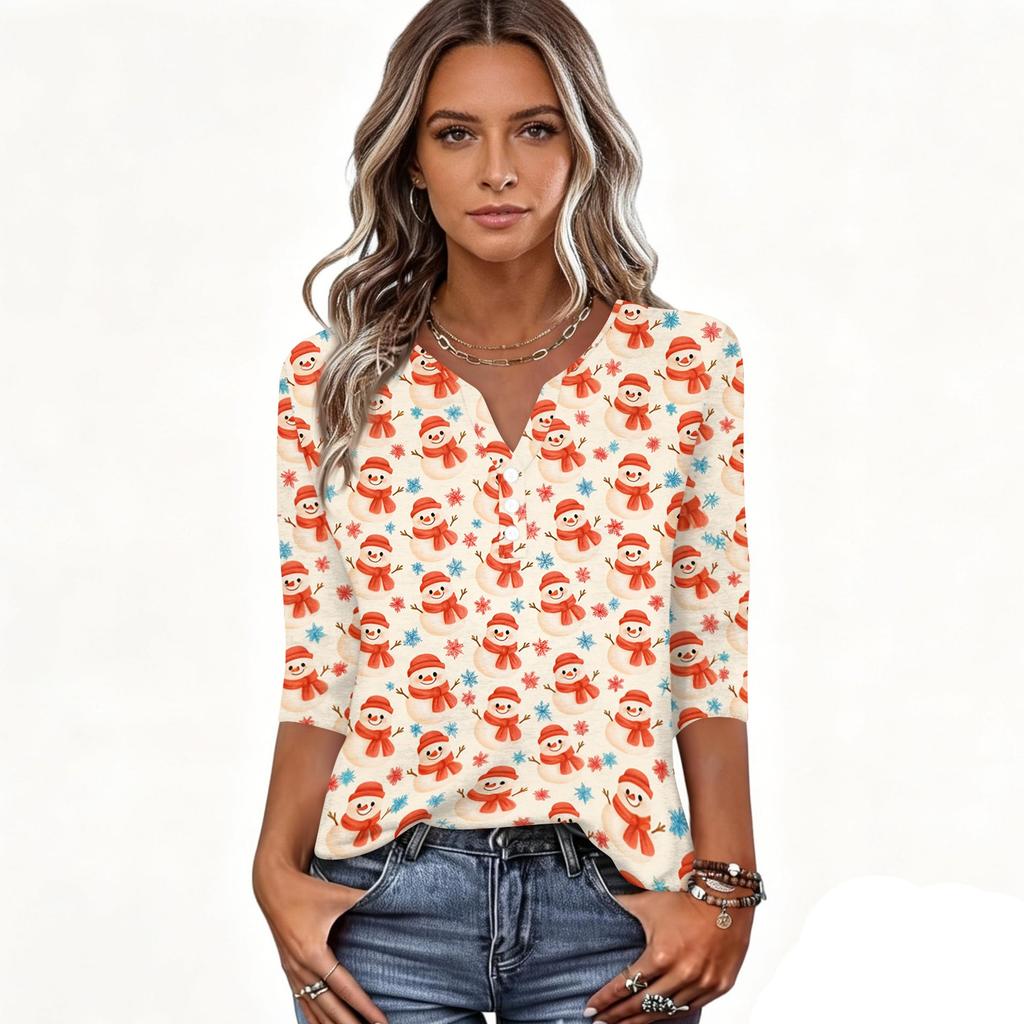 Women's Casual Christmas Print V-Neck 3/4 Sleeve Button-Front T-Shirt