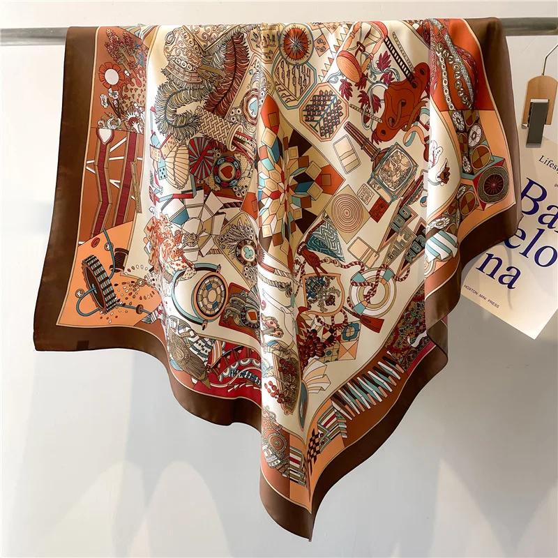 90cm Square Shawls and Scarves Twill Silk Scarf Female Big Kerchief Printed Hijab Scarf For Women Headband Neckerchief Wraps