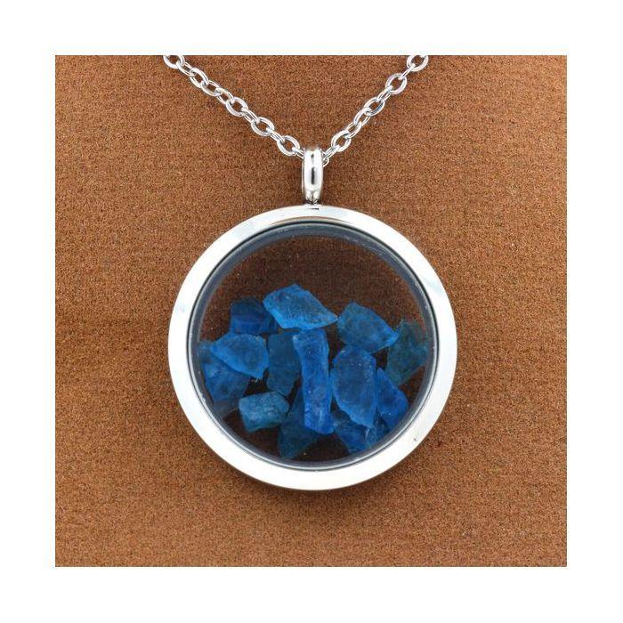 Pierres et Minéraux. Collier Apatite bleu neon brut. Modèle Médaillon 20 mm. Couleur Argent.