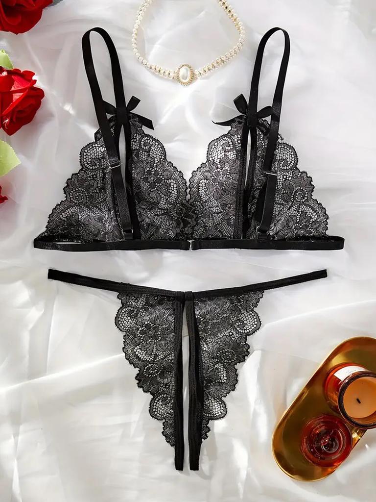 Floral Lace Sexy Lingerie Bow Open Split Cup Intimates Bra And Thongs Sets Crotchless Naughty Porn Sex Outfit Women's Underwear