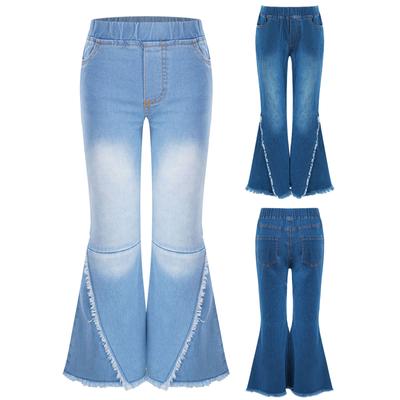 Kids Girls Casual Long Denim Bell-bottoms Hem Pants Elastic Waistband Trousers for Daily Wear