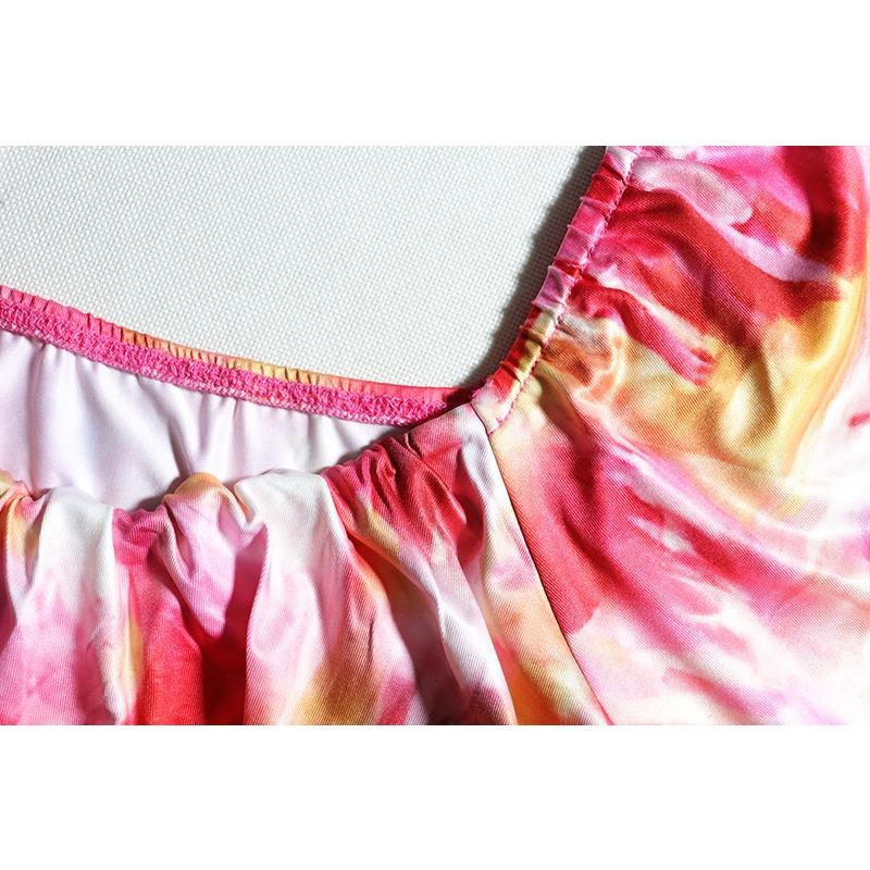 Summer Women's Sexy U Neck Wrap Printed Lantern Sleeve Neckless Pullover Stretchy Loose Top