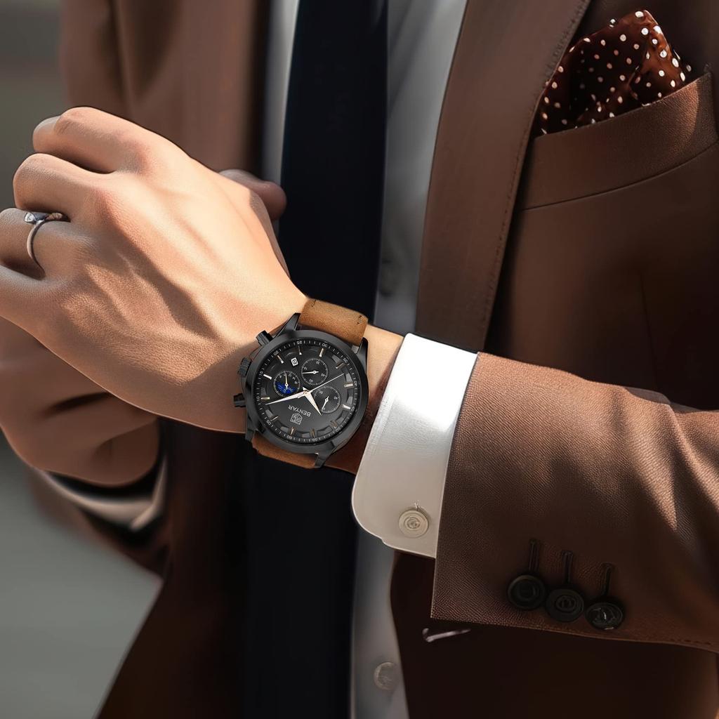 BENYAR Chronograph Watch with Leather and Brown or Black Men's Multi-Calendar Strap, Water-Resistant Scratch-Resistant,