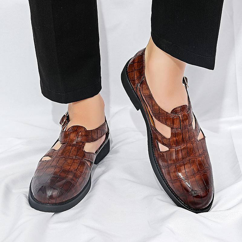 Trend Nieuwe Rome Puntige Neus Casual Leer Geperforeerd Ademende Schoenen voor Mannen Designer Sandalen Bruidsjurk Formele Platte Schoenen
