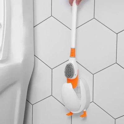 Toilettenbürstenset aus Silikon, süße Tauchente, zur Wandmontage, bodenstehend, langer Griff, tiefes Reinigungszubehör für das Badezimmer