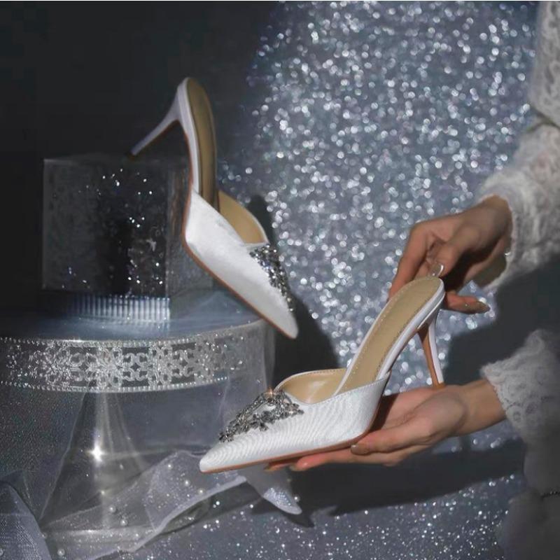 High Heels Spring and Summer Pointed Head Baotou Rhinestone Niche Temperament Thin Heels Beautiful Empty Slippers Are Not Tired