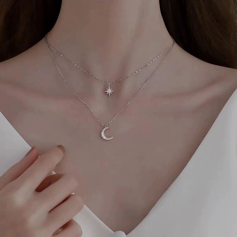 2024 Women's Sterling Silver Star & Moon Double Layer Necklace: Light Luxury, Personalized Summer Clavicle Chain