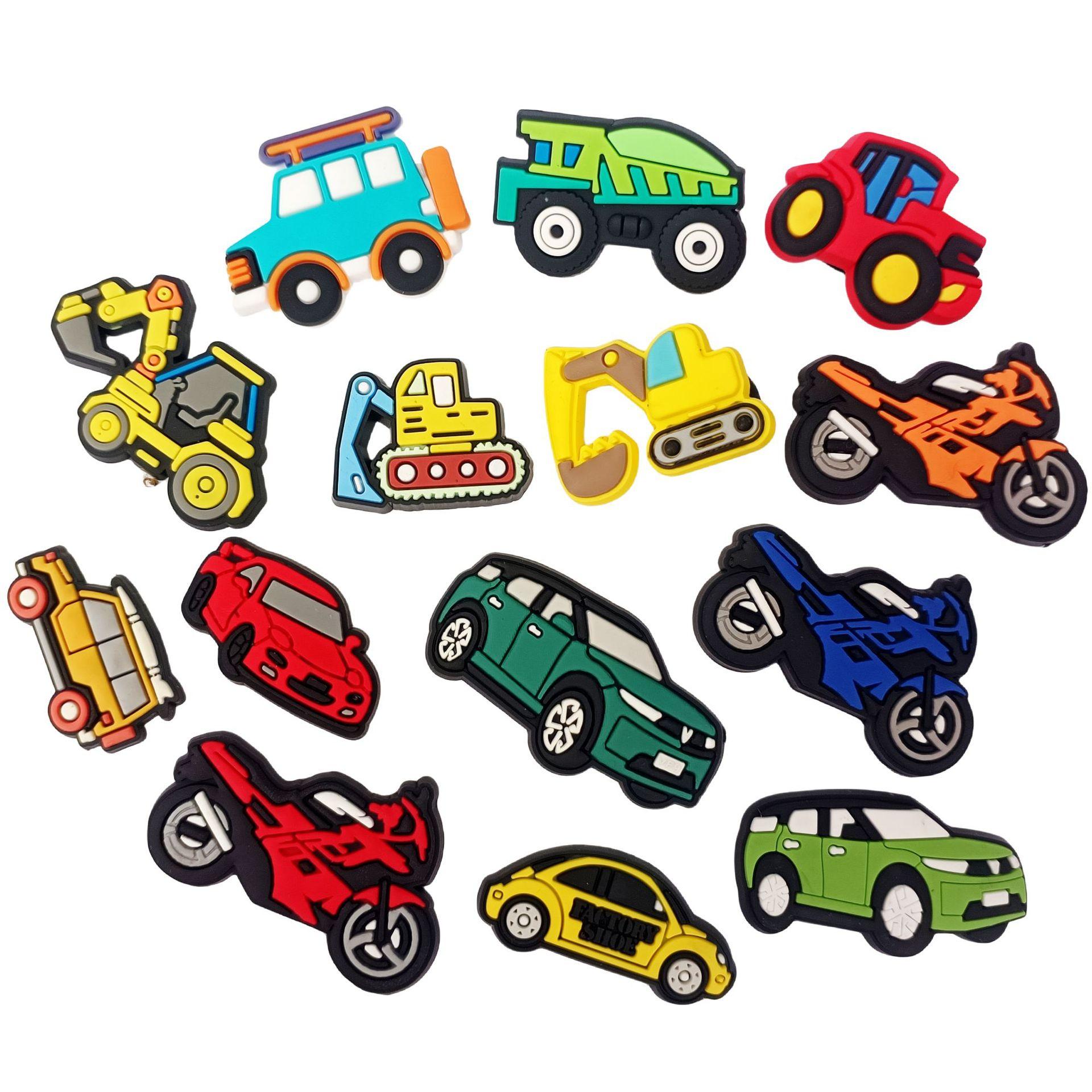 

14 шт. Мультяшные автомобильные шармы для обуви – Милые машинки и грузовики на автомобильную тематику для мальчиков, Мягкие резиновые украшения, Аксессуары-значки для обуви 14pcs