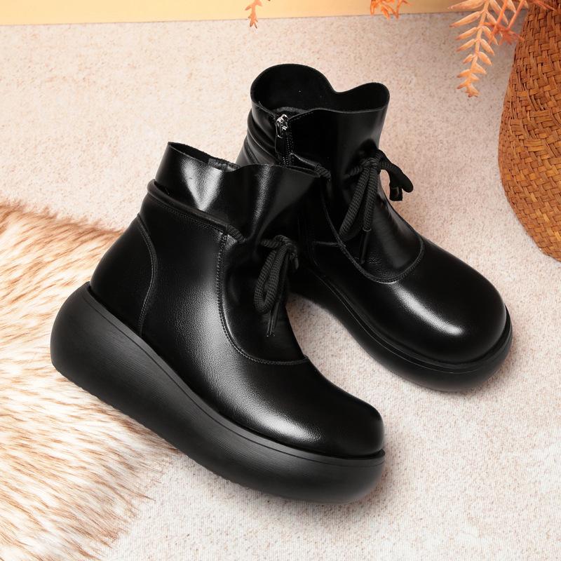 Autumn and Winter New Retro Thick-soled Soft Leather Martin Boots Lace-up Light Short Boots Velvet Warm Women's Shoes Comfortable Cotton Shoes