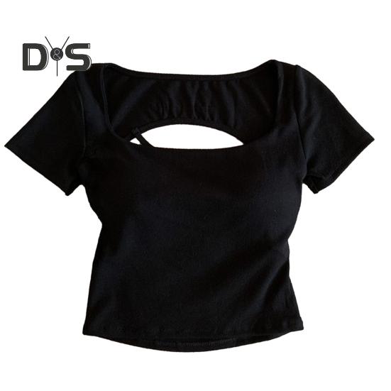 

Женская футболка с квадратным воротником и коротким рукавом, с вырезом на спине, однотонная облегающая укороченная футболка, повседневная одежда чёрный