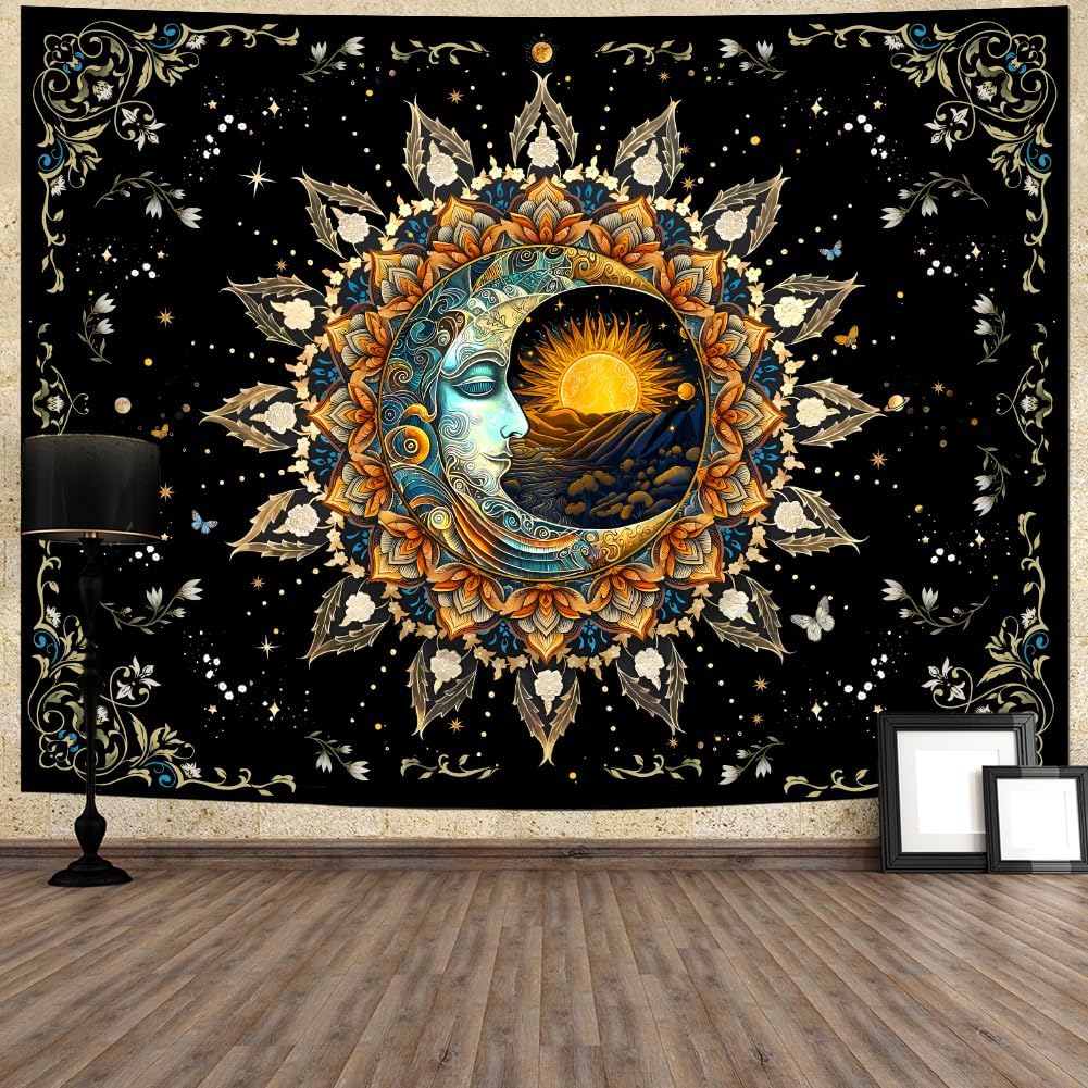 Ameyahud Moon and Sun Tapestry Spiritual Mandala Tapestry Black Flower Plant Tapestries Hippie Boho Tapestries Vintage Aesthetic Wall Hanging Decor