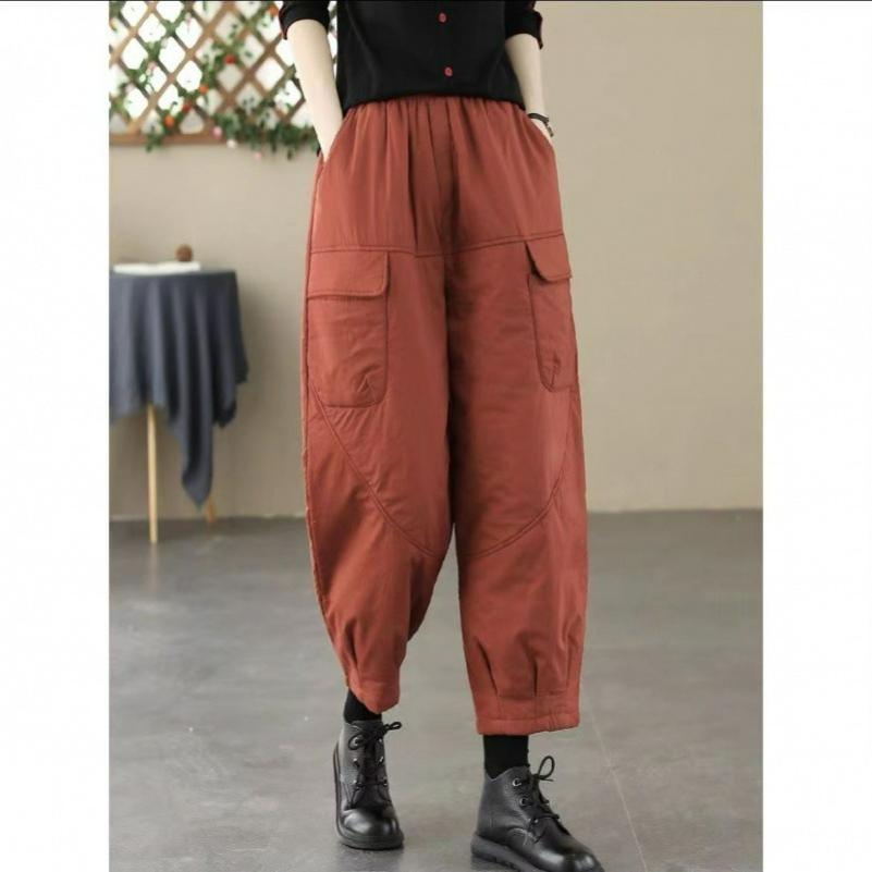 Winter Cotton Pants Women's Outer Wear Elastic Waist All-match Retro Casual Harem Pants Loose Thick Warm Pants Are Thin
