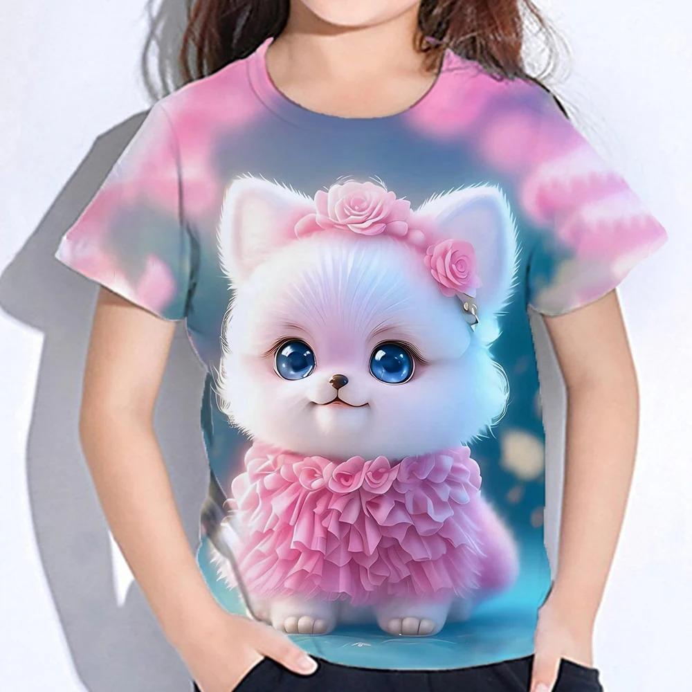 Sommer Kinder Cartoon Niedliche Katzen Tops T-Shirts 3D Floral Bedrucktes T-Shirt Kinder O-Ausschnitt Kurzarm Kleidung Mädchen Lässig