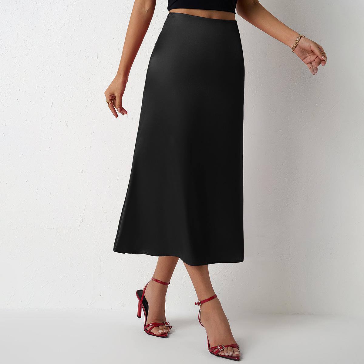 Women Olive Green High Waist Satin Mermaid Midi Skirt S чёрный