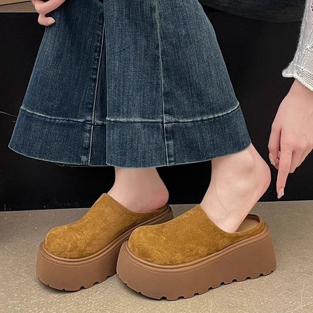 Lazy People Pedal a Bag Head and Half Slippers, Women's Season New Models Wear Wide Version Thick-soled Fluffy Shoes